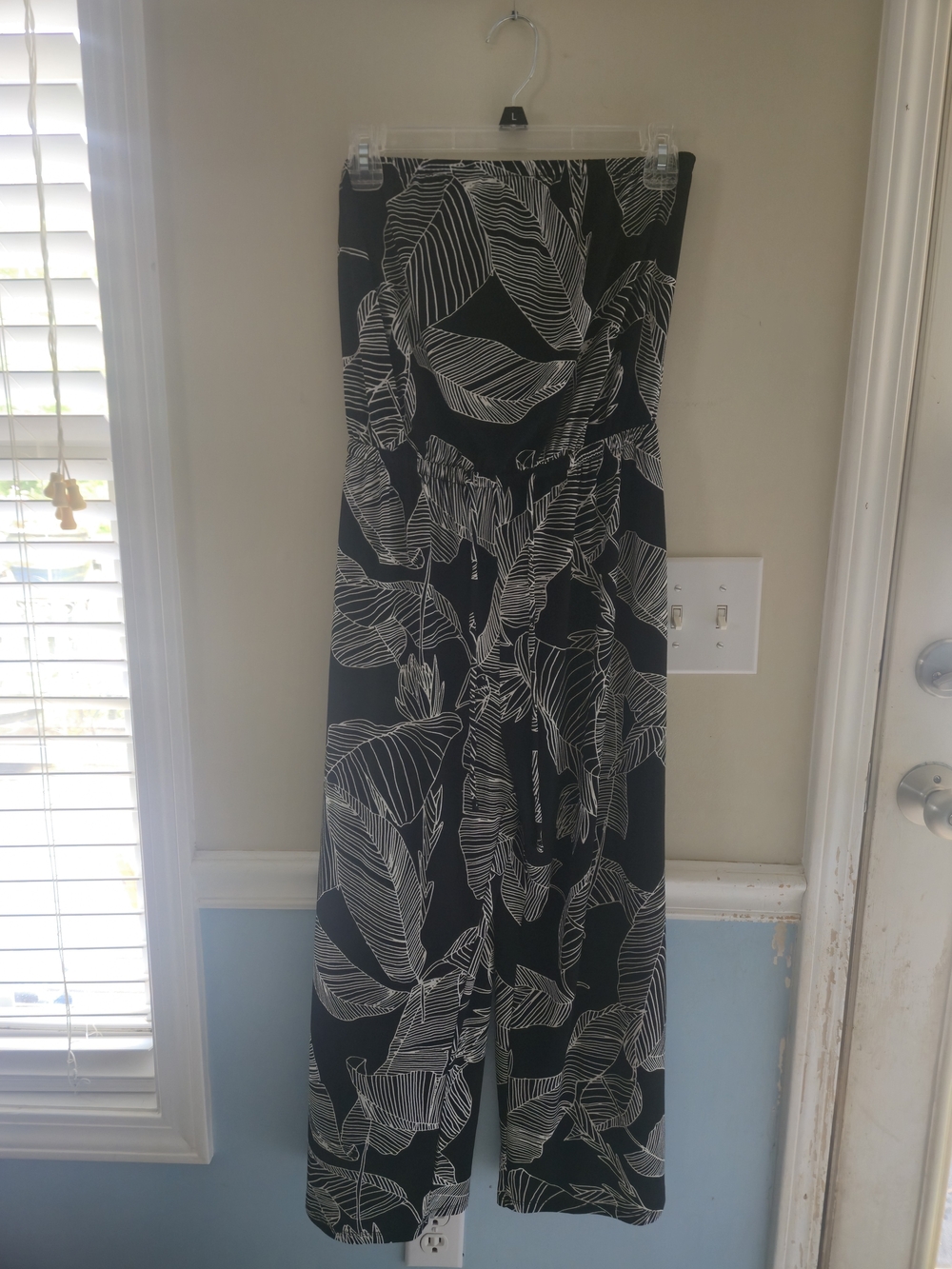 Express Black Strapless Leaf Print Jumpsuit